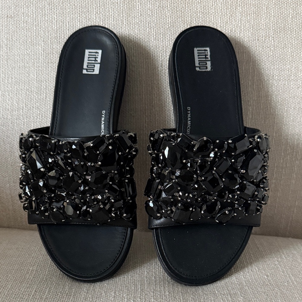 FitFlop Gracie Black Gemstone Rhinestone Slide Sandals